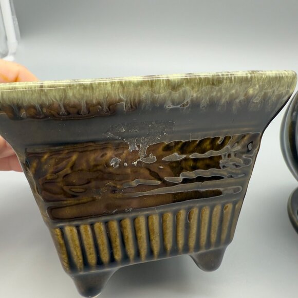 Vintage Hull Pottery USA Set of 2 Brown Green Drip Glaze Ceramic Planters MCM - Picture 7 of 16